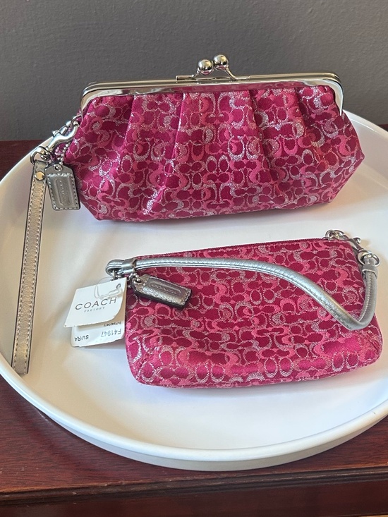 Coach Handbags - NWT Coach Raspberry Lurex Wristlet and Kisslock Pouch Duo
